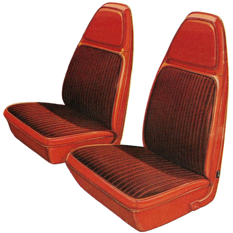 Front Bucket Seat Upholstry - "Cuda & Gran Coupe" - Cloth Style - Salt & Pepper cloth inserts & Coachman grain vinyl skirts (pair).