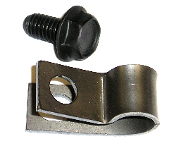 Parking Brake Cable Clip & Bolt. Used to secure the right parking brake cable to the rear axle housing on Dana equipped cars, this parking brake cable clip was also used to secure the left parking brake cable to the car body on most vehicles.  Formed from correct gauge steel and includes 5/16-18 hex flange head bolt plated
In zinc phosphate.