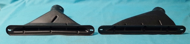 Defroster Vent Ducts - Pair (Black).  Mounting holes are 12" apart center to center.  2-1/4" outside diameter on round defroster hose.  13" overall length from one end to the other.  Aprox. 45 degree angle when mounted to dash vent hose connection.