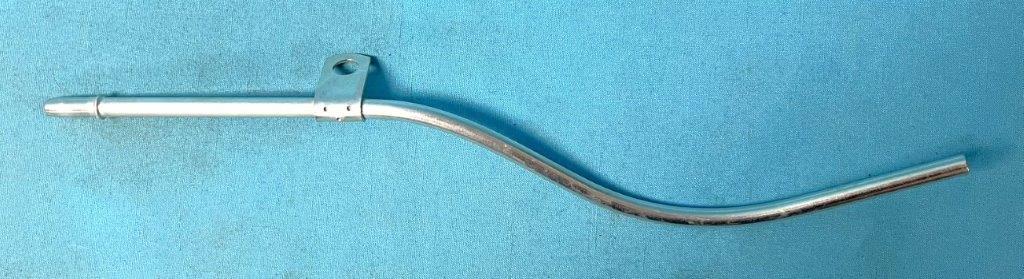 Oil Dipstick Tube Assy - A high quality reproduction oil indicator tube assembly for 1966-69 B-Body big block applications.  Formed from the correct wall thickness steel tubing with correct swedged flare & tapered end for easier installation. Mounting clip is silver soldered to the tube & provides the similar appearance of an original part. Bead blasted & clear zinc plated for proper appearance & is not supposed to be painted after installation.  Reference Chrysler part numbers 2899 231 & 3462 416
