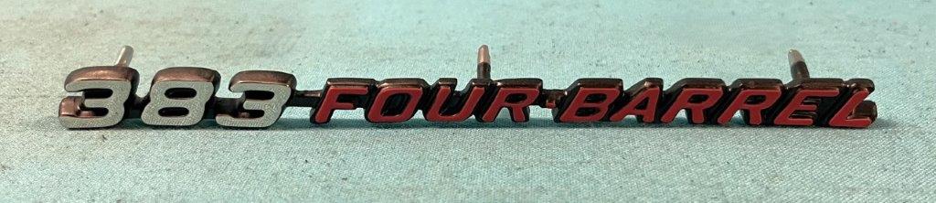 "383-Four Barrel" fender emblem. (each)