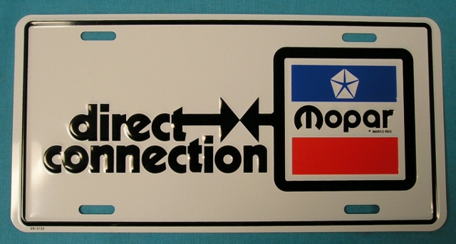 License Plate - "direct connection" with "Mopar" in square box.