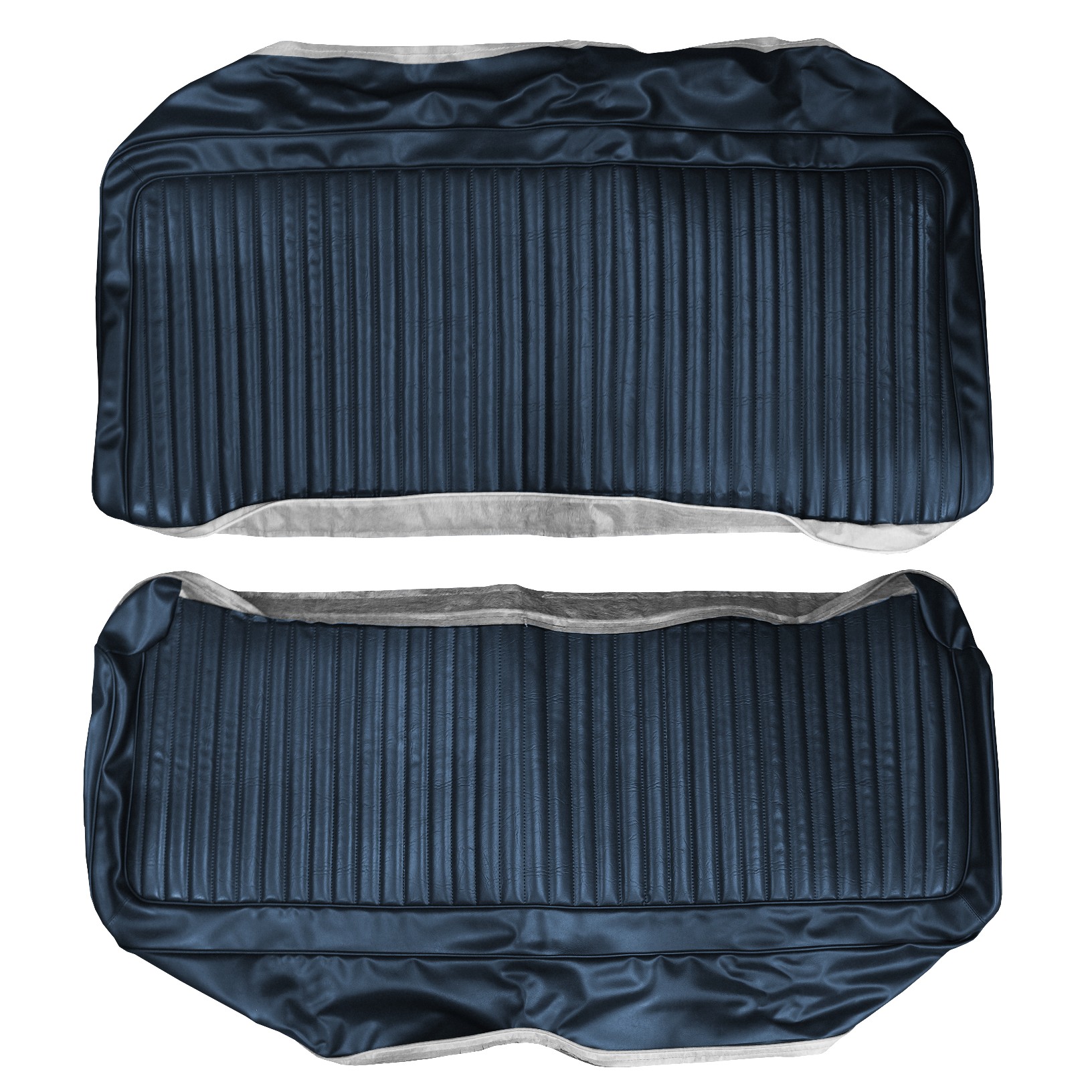 Rear bench upholstery - Hardtop.  Swinger / Swinger "special" / Scamp. Shallow Elk grain inserts with Oxford grain skirts.  Additional surcharges apply for Lagoon Blue, Metallic Parchment, and Light Metallic Green.