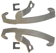 Front Disc. Brake Hose Brackets.  Excellent reproduction of the brackets used to secure the front disc. Brake hose to the caliper brake line tube.  Brackets are formed left and right and mount to the inbourd side of the calipers. (sold in sets)
