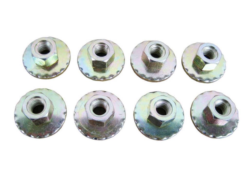 Seat "nut".  Round washer/nut with ridges on washer to help "grip" the underside of the floor pan to hold down the seat bolt going through the floorboard. ( Set of 8 )
