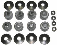 Sway Bar end Link Bushing Kit - (8) rubber correct durometer black bushings, (8) black zinc plated conical washers, and (4) phosphate 5/16-18 nuts.  One per sway bar needed.
