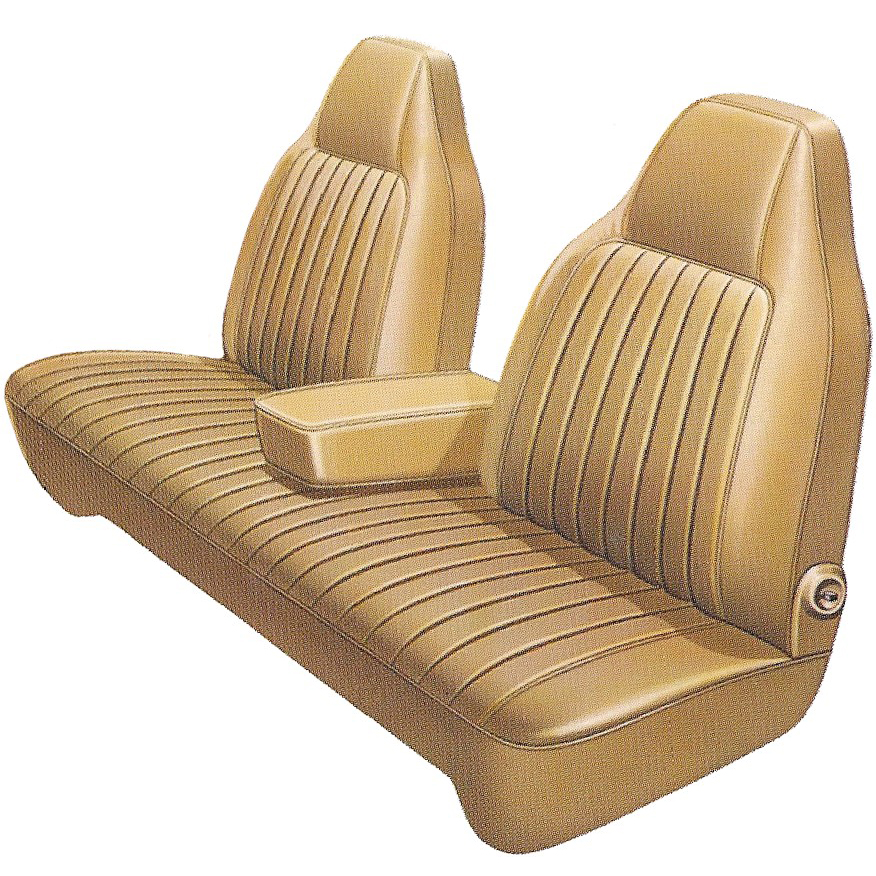 Front Split bench with center armrest upholstery.  Cloth inserts (74 A-body cloth) with oxford grain skirts.  “Cloth Style”.  Dart Sport / Dart Sport 360 / Duster.
