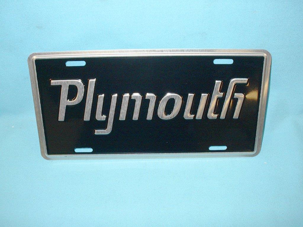 "PLYMOUTH" license plate - black background and brushed silver letter and border.