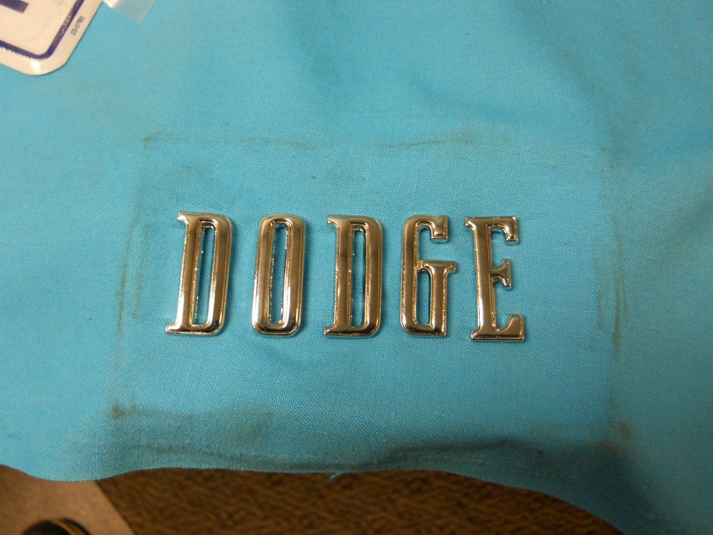 "D""O""D""G""E" - hood letters (full set). Reproductions - Chrysler Original part numbers for this set was # 2785 202, 203, 204 and 205.