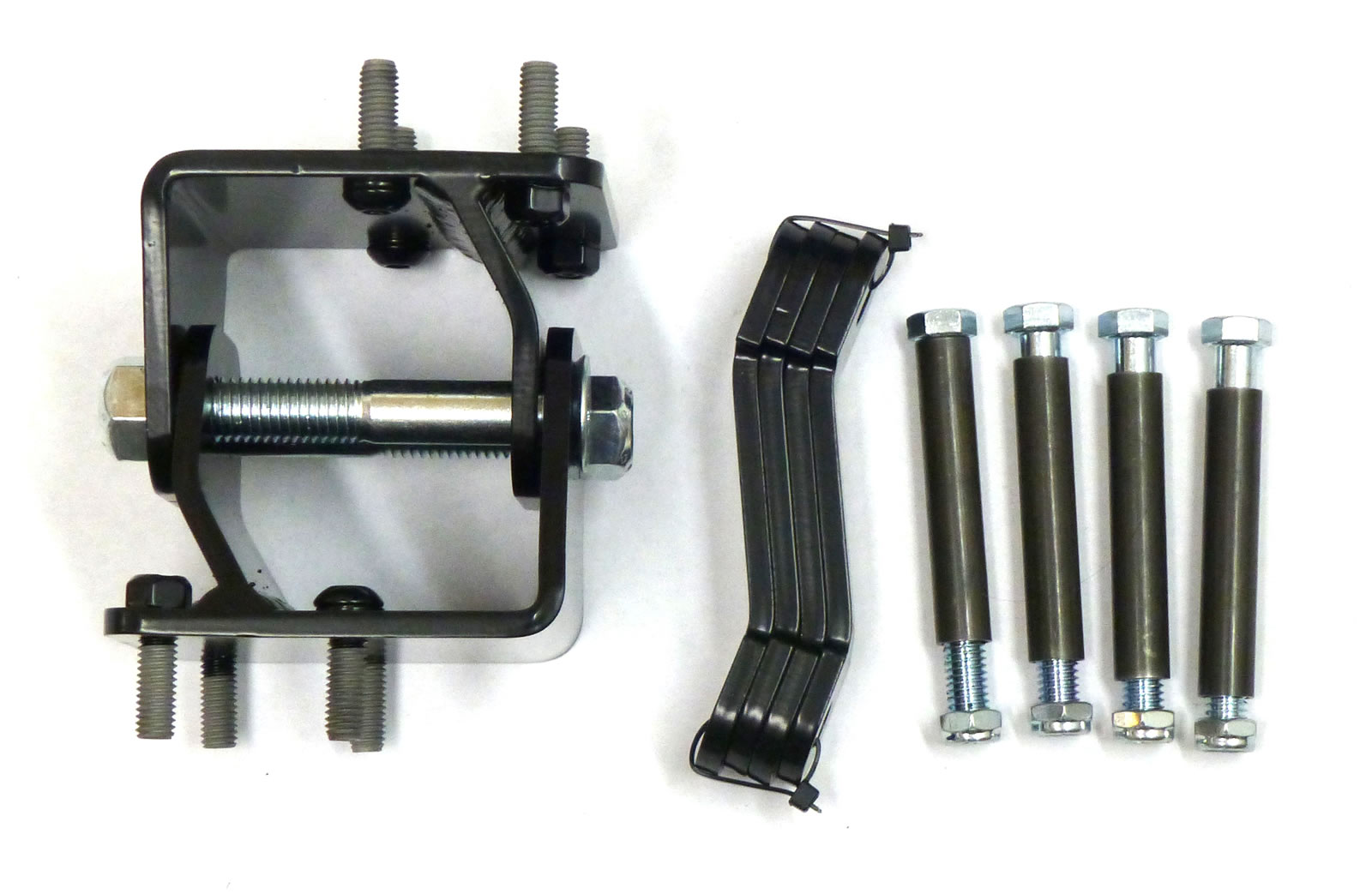 Rear Spring Offset Hanger / Shackle Kit.  1-1/4" offset includes power-coated brackets with hardware (spring perch 44-13/16" on center).  For stock length springs only !!  Will not fit Superstock springs.