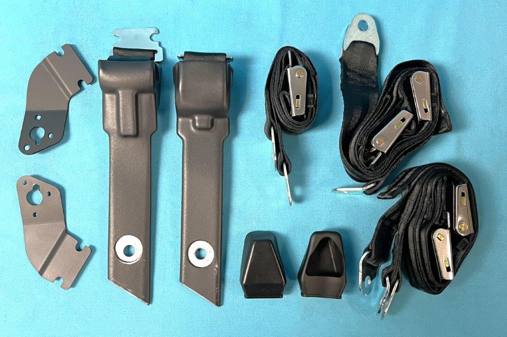Seat Belt Set - Bench seat with Chrome/black textured OE style buckle.  Passenger / drivers with center passenger belt - choose color