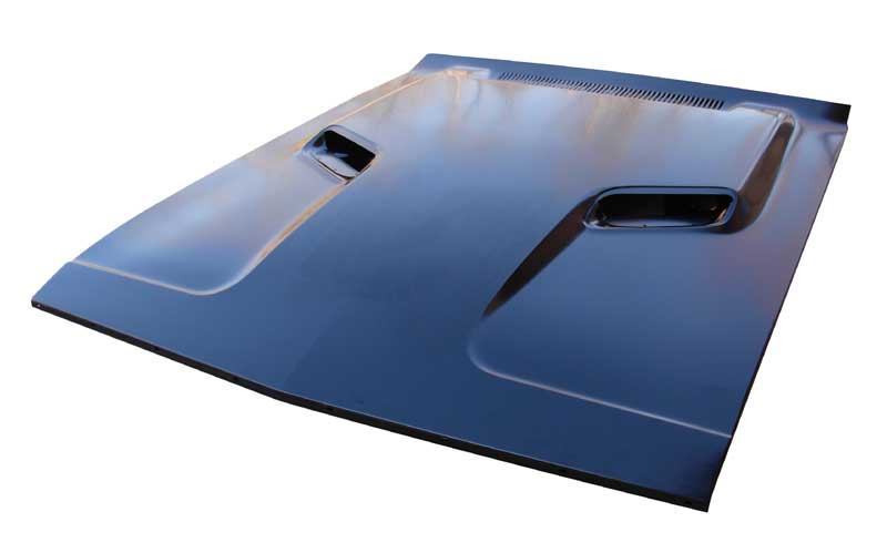 R/T or Rallye (Dual scoop) Hood.  High quality stamping meets or exceeds OEM quality.  DP Black.  Without pin holes.