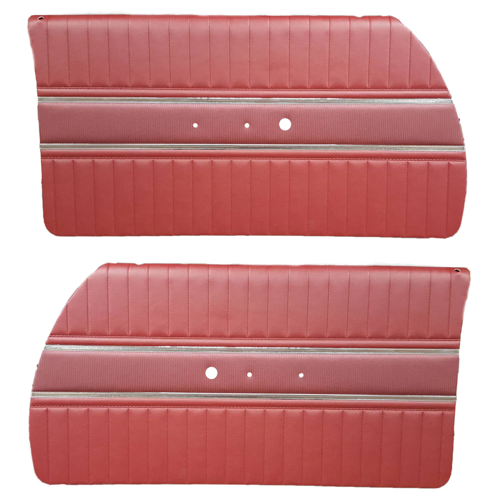 Front Door Panels - Bench Style. Assembled (metal backing rails provided to install by customer) Featuring heat sealed Bison grain with Record Groove grain inserts, chrome accents and carpeted lower.  Place color choice at time of order or place in notes for web type orders.  Black, Pearl White, Metallic Blue, Metallic Turquoise, Metallic Red, or Metallic Fawn.