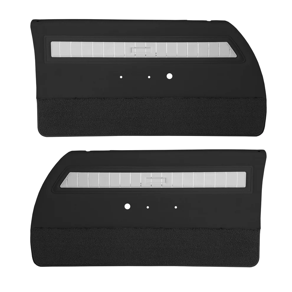 Front Door Panels - Bucket Style - Pre-Assembled.  Customer must provide the upper metal rails from old panels to have us install. Featuring heat sealed Bison grain with Record Groove grain inserts, chrome accents and carpeted lower.  Place color choice at time of order or place in notes for web type orders.  Black, Pearl White, Metallic Blue, Metallic Turquoise, Metallic Red, or Metallic Fawn