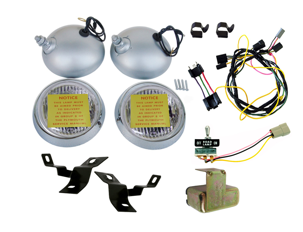 Road Lamp Assembly - Housings, Bulbs, chrome bezels, brackets, harness, switch and relay.