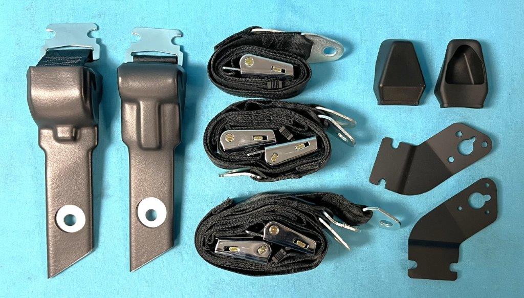 Seat Belt set - Bench seat with textured buckle OE style.  Passenger / Drivers seat belts as well as center belt - with recoilers - choose color