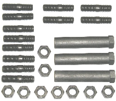 Exhaust Manifold Fastener Kit - 361, 383, 426 Street Wedge big block engines with exhaust manifold Castings 2203 262 and 2205 898. Complete kit includes 3 long sleeve nuts,(12) 3/8” NC/NF studs, and (9) 3/8-24UNF grade 8 nuts.