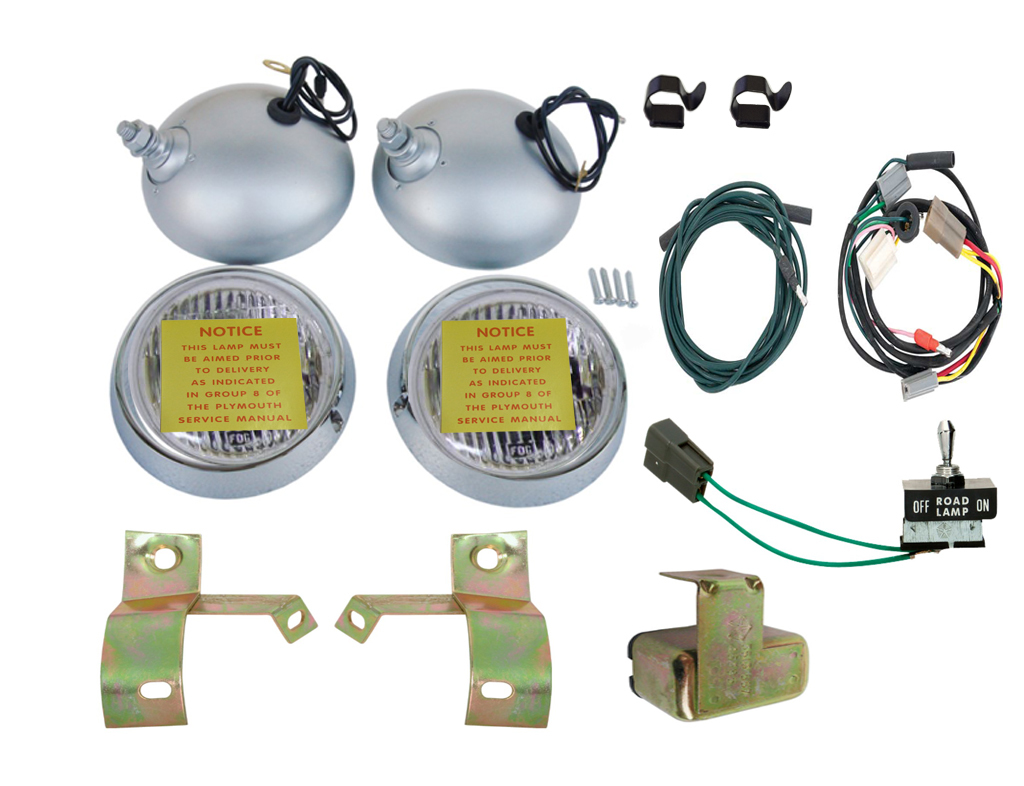 Road Lamp Assembly - Housings, Bulbs, Chrome Bezels, Brackets, Harness, Switch and Relay.