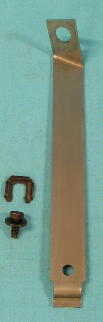 Rear Axle Brake Hose Bracket.  Used to secure the rear axle brake hose to the body.  Formed from the correct gauge steel and include the correct brake hose clip and 4/16-18 hex coni SEMS bolt.