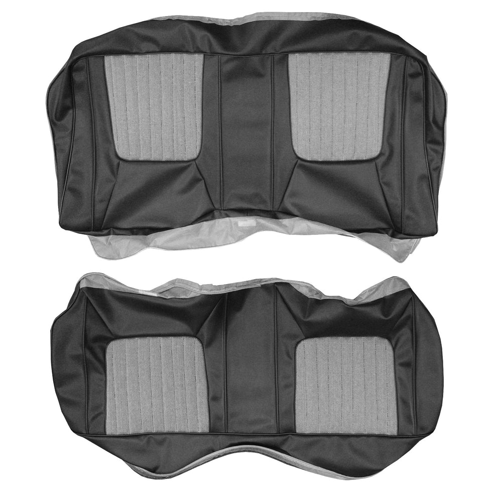 Rear Bench seat upholstry - CLOTH Style - hardtops.  Salt & Pepper cloth inserts & Coachman grain vinyl skirts
