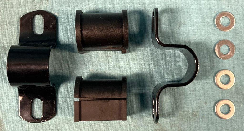 Front Sway Bar Black polyurethane bushings and center sway bar brackets for 1-1/8" bar.  This does NOT include the end link kits - see those listed separately.  THis is the center K-Frame brackets and bushings only.