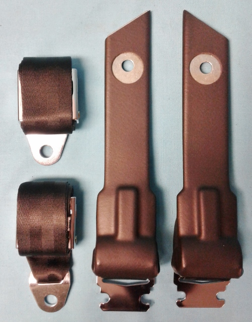 Seat Belt set - Bucket seat with textured buckle OE style (Passenger / Drivers) with recoilers to the outside.  Lap belts only.  Choose color at time of order or placing color choice in the notes on a web order.