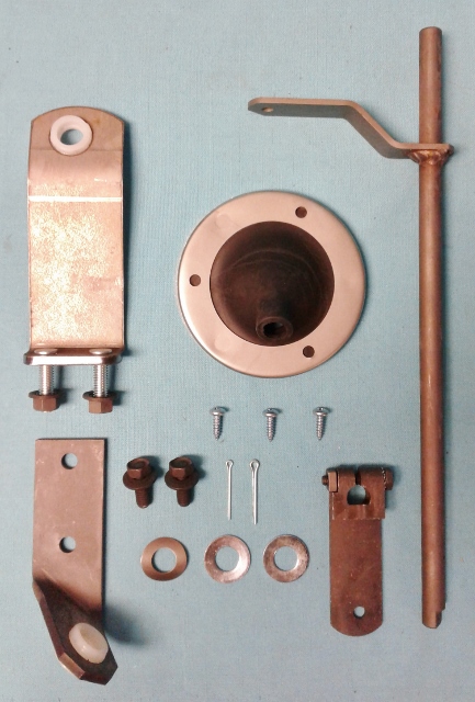 Gearshift Control Assembly.  For Console Shifted vehicles.  Includes gearshift control torque shaft, upper support bracket & Bushing, lower support bracket & bushing, gearshift control lever, the torque shaft boot with open cell gasket & formed mounting flange and hardware