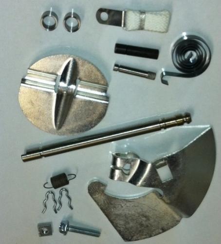 Heat Control Valve Kit - complete kit (also applicable to low performance).Counterweight, butterfly, Termostatic spring, anti-rattle spring, spring pin, stop pin, butterfly shaft, stove bolt, square nut, stop, shaft bushing, amd shaft retaining clip