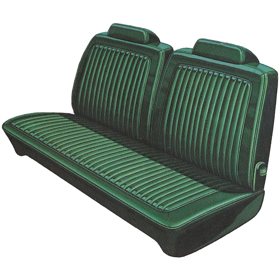 Front Split Bench Seat Upholstry. Shallow Elk grain inserts with Oxford grain skirts.  Additional surcharge on Lagoon Blue, Metallic Parchment, and Light Metallic Green (1976 only)   Swinger / Swinger "special" / Scamp.
