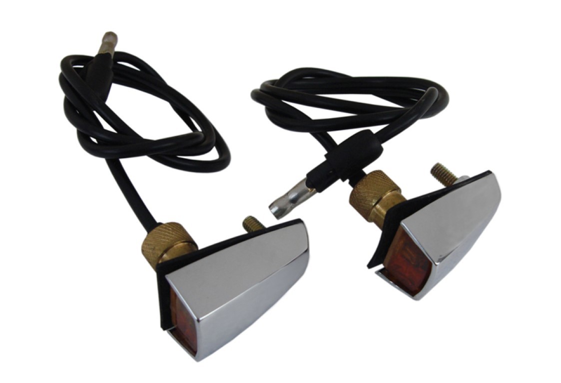 Turn Signal Indicator Assemblies.  New housings, triple plated chrome, new lenses, new wires and bulbs and hardware. (pair).  Found on all sorts of models - no rhyme or reason to it - see picture if these are correct for your vehicle. (discount exempt)