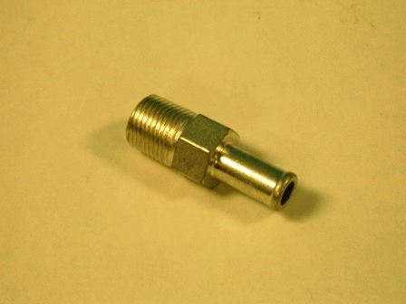 Power Brake Vacuum Hose Fitting. Excellent reproduction of the vacuum hose fitting used on the intake manifold for power brake applications without A/C or Air Grabber, and 
Not used on 1968-69 Chargers.  Machined with the correct tail hex base with 3/8” NPT threads and silver cadmium plated for original appearance.  This is a single post - not a "tree" type for A/C or other accessories options that would attach.