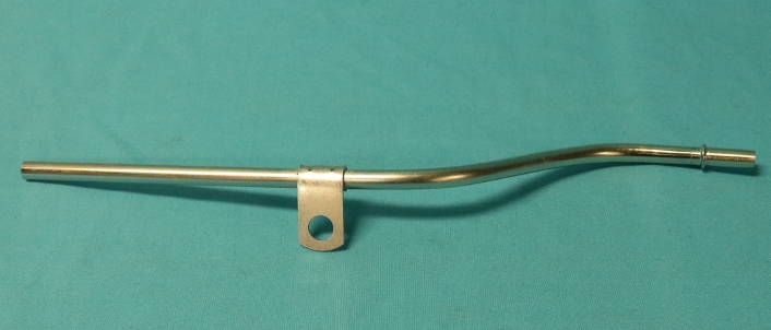 Oil Indicator Tube  - A high quality reproduction oil indicator tube assembly for 1967-69 A-Body big block applications.  Formed from the correct wall thickness steel tubing with correct swedged flare & tapered end for easier installation. Mounting clip is silver soldered to the tube & provides the similar appearance of an original part. Bead blasted & clear zinc plated for proper appearance & is not supposed to be painted after installation.  Reference Chrysler part number 2899 046.
