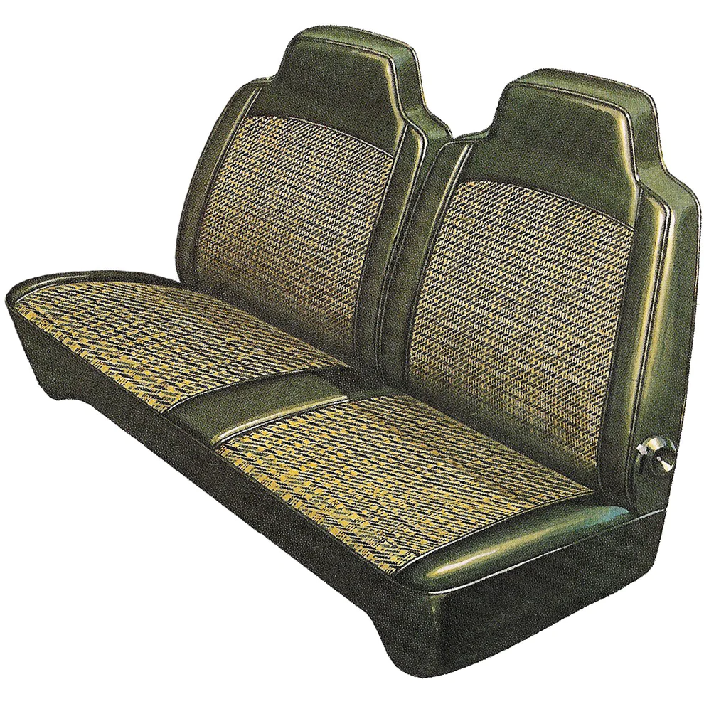 Front Split Bench Seat upholstery with Integral Headrests.  Plaid Cloth Inserts with Coachman grain skirts. “Cloth Style”.  "Swinger "Special".
