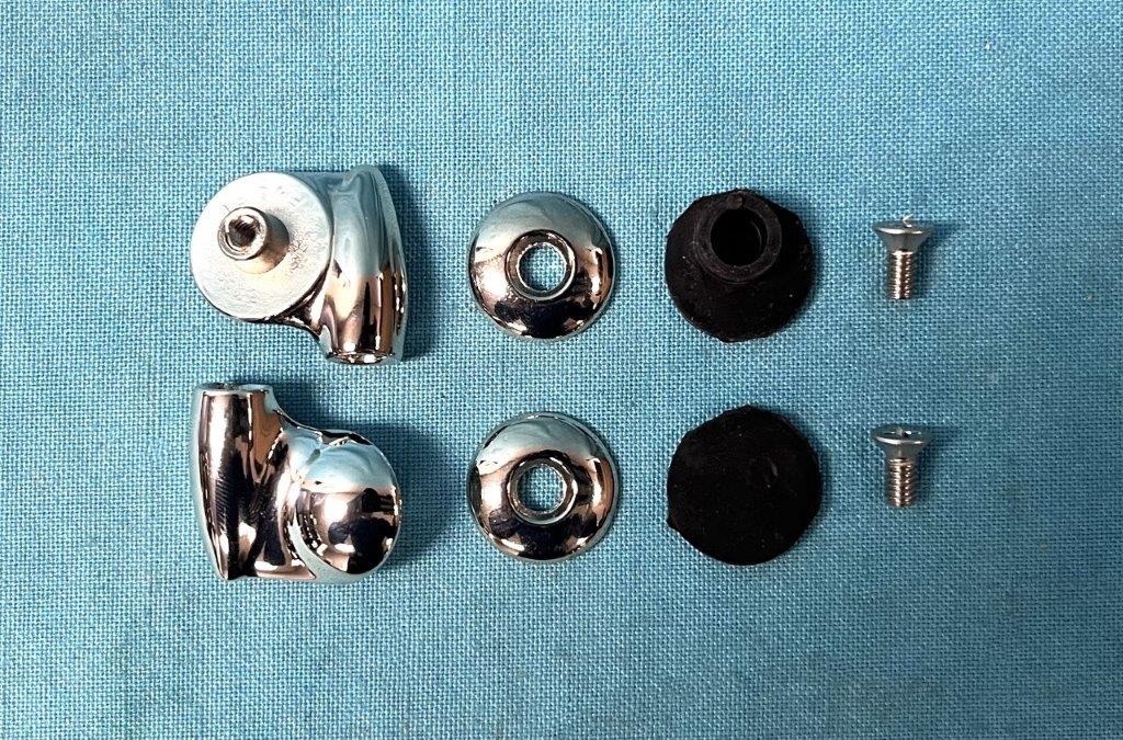 Chrome Vent Window "pivot" sets.  Includes chrome pivots, chrome flat washers, chrome screws and rubber seals (pair - one for both sides of vehicle)