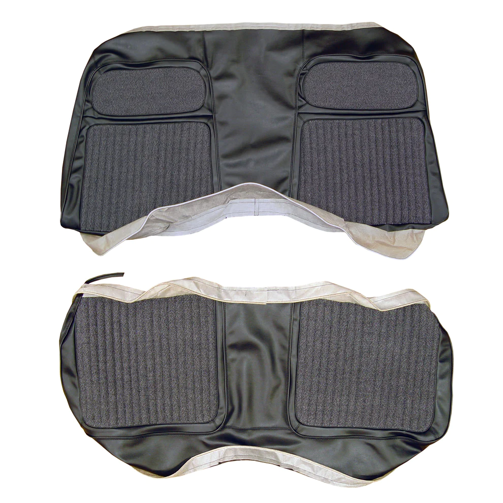 Rear Bench - hardtop - Barracuda / Cuda / Gran Coupe - Cloth Style - Salt & Pepper Cloth inserts & Coachman grain vinyl skirts.