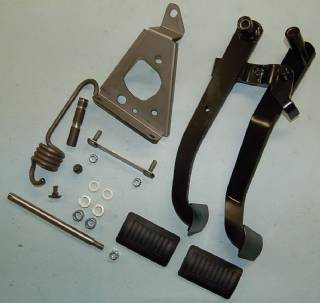 Clutch & Brake Pedal Assembly conversion kit.  No spring / Pin (For Diaphragm style pressure plate)  Includes clutch pedal assembly with caged needle bearings and dust seals, brake pedal assembly with nylon bushings, pedal pivot shaft/locknut, clutch pedal up stop bumper, clutch pedal support bracket with firewall stud plate/nuts, and pedal pads. Clutch and brake pedals powder coated semi gloss black. Kit includes everything needed to convert your automatic brake pedal assembly to clutch/brake, for 1968-70 B-bodies