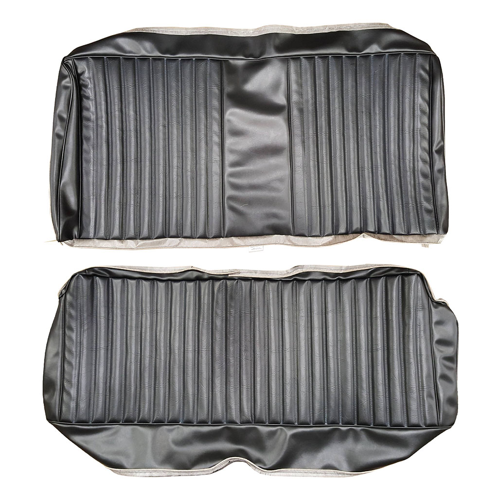 Rear Fixed Bench seat upholstery. Shallow Elk grain inserts with Oxford Grain skirts.  Dart Sport 360 / Duster / Duster 360. Metallic Parchment additional surcharge - please inquire.