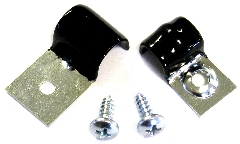 Air Conditioning Line Clamp Set.  Reproductions of the two clamps used to secure the steel A/C discharge and suction lines to the core support and inner
Fenders of almost every application.  Both are formed from correct gauge steel with the stiffening characteristics of 
Originals and zinc plated.  Clamping surfaces are thermoplastic coated for correct appearance.  Includes two PHP zinc plated mounting screws.
A-Body requires (1 kit per vehicle), B-Body requires (3 sets per vehicle) and E-body requires (1 kit per vehicle).