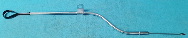 Temp out of stock - New Oil Dipstick and Tube Assy - Our high quality reproduction oil indicator and tube assembly for 1967-69 A-Body big block applications.  The clear zinc plated tube is formed from the correct wall thickness steel tubing with correct swedged flare & tapered end for easier installation.  Mounting clip is silver soldered to the tube & provides the similar appearance of an original part.  Tube is not supposed to be painted after installation.  Oil indicator handle is accurately formed and finished in low gloss black like original, and includes anti-rattle bends, 90 degree end twist, and embossed ADD-FULL marks.