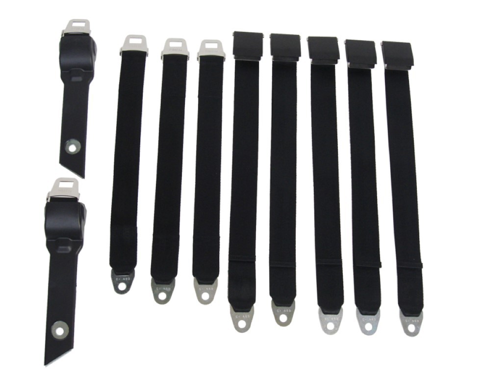 Complete Seat belt set (front bucket and rear bench) - Convertible. both lap belts for the front bucket seat with Recoilers on the sides and (3) passengers worth of belts for the rear Bench seat. (discount exempt)			 


For color choice of webbing / buckle / and side retainers - please notify in notes on a web order of verbally if by phone orders.