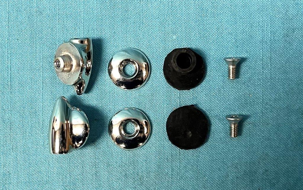 Chrome vent window "Pivot" set.  Includes chrome pivots, chrome flat washer and chrome screw and rubber seals (pair - one for each side)