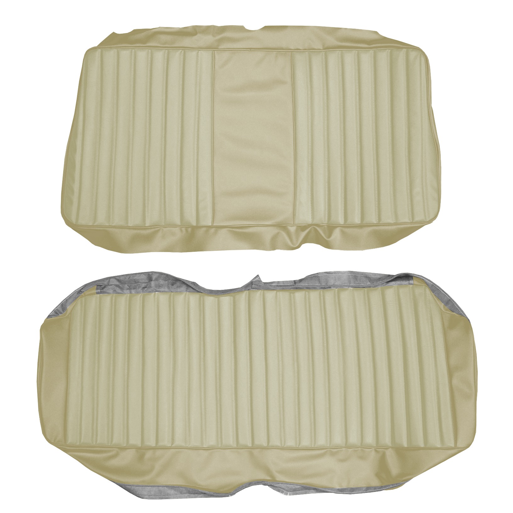 Rear Fold Down Bench Seat Upholstry. Shallow Elk grain inserts with Oxford Grain skirts.  Duster / Duster 360 / Dart Sport 360.  Metallic Parchment color additional surcharge - please inquire.