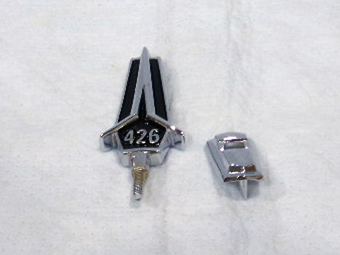 Hood ornament "426". Includes chrome base & mounting stud. Emblem has solid black reliefs - Discount exempt