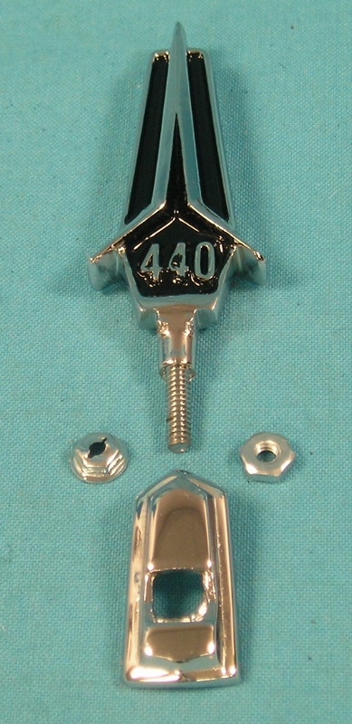 Hood ornament "440". Includes chrome base & mounting stud. Emblem has solid black reliefs.