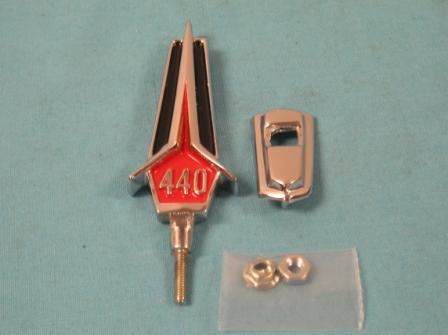 Hood ornament "440". Includes chrome base & mounting stud. Emblem has red and black painted reliefs. - discount exempt