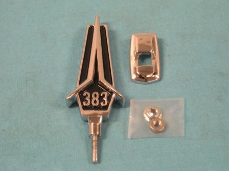 Hood ornament "383" Includes chrome base & mounting stud. Emblem has solid black reliefs - Discount exempt