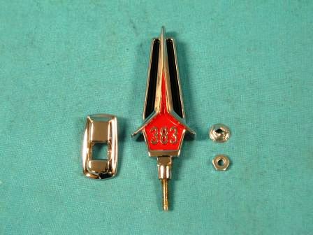 Hood ornament "383" Includes chrome base & mounting stud. Emblem has red and black painted reliefs. - Discount exempt
