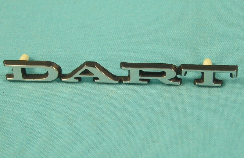 "Dart" fender panel nameplate for 1970-76.  Quarter panel and decklid for 1970. (pins are 3-3/4" from each other)