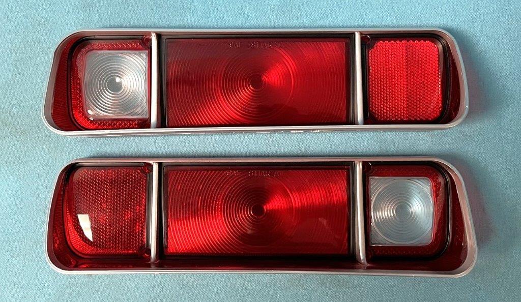 Taillight Lenses - Drivers side and Passenger side (pair) - ALSO FITS >>>>>
Valiant Scamp Left Taillight Lens. 

(These lenses are identical to the 1971-73 Plymouth Valiant Scamp lenses except for the pattern to the white backup section of the lens.