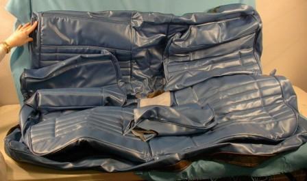 Here we have a COMPLETE set of seat covers in BRIGHT BLUE for 1972 Plymouth Duster, '72 Duster 340, '72 Dodge Demon, and '72 Demon 340 cars equipped with a SPLIT FRONT BENCH seat WITH center arm rest and rear bench seat. You get the front bench bottom, two split front bench tops, the center arm rest, and the top and bottom of the rear bench. These are high quality "Legendary" covers, they are brand new and have never been installed. Discounted due to overstock.